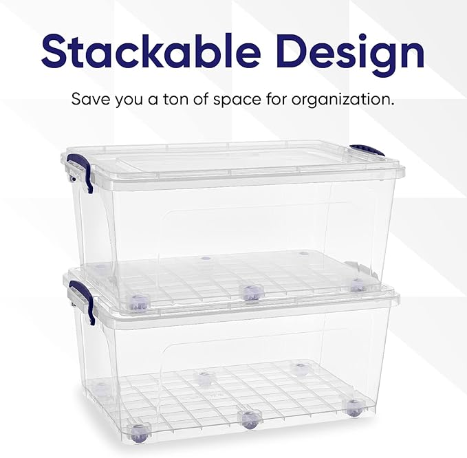 Superio Storage Containers With Wheels (3 Pack) Stackable Large Storage Containers With Lids Durable Latches (32 Qt)