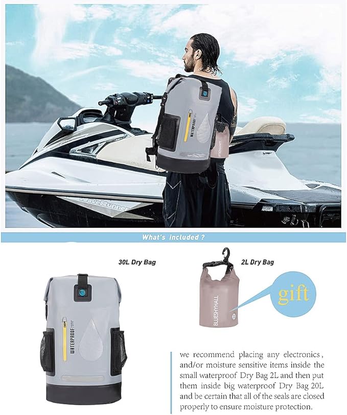 XhuangTech 30L Waterproof Drybag Water Sports Floating Backpack Durable Heavy Duty Duffel Bag for Kayaking Rafting Boating FishingCamping (Gray 30L)