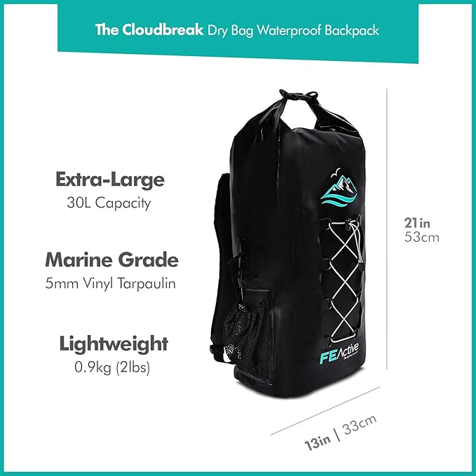 FE Active Dry Bag Waterproof Backpack - 30L Eco Friendly Bag for Men &amp Women for Fishing Travel Hiking Beach &amp Survival Gear. Storage for Camera &amp Camping Accessories | Designed in Cali