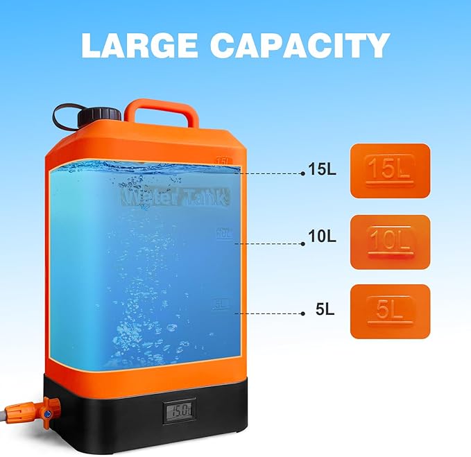 B. TAWD 4.5 Gallon Silicone Water Tank Portable Camping Shower USB Battery Charging Solar Heating with Shower Head Electric Portable Outdoor Shower Built-in Thermometer Beach Camping Hiking