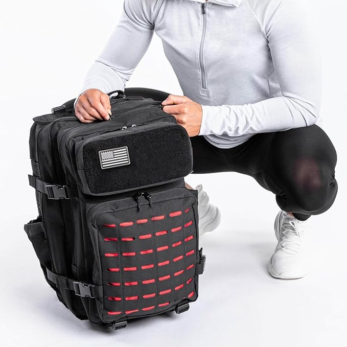 50L Tactical Military Backpack Waterproof Sturdy Bag for Hiking Camping Fishing Gym Backpack with Bottle Holder (Red Black)