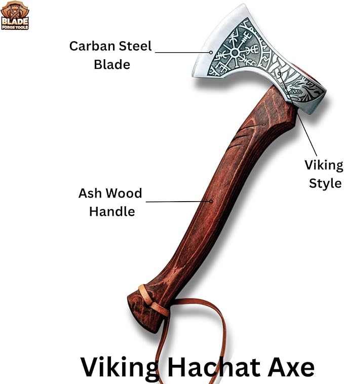 Fenrir &amp Vegvisir Camping Hatchet – Hand-Forged Tomahawk Axe with Premium Leather Sheath | Ideal for Camping Throwing &amp Outdoor Use