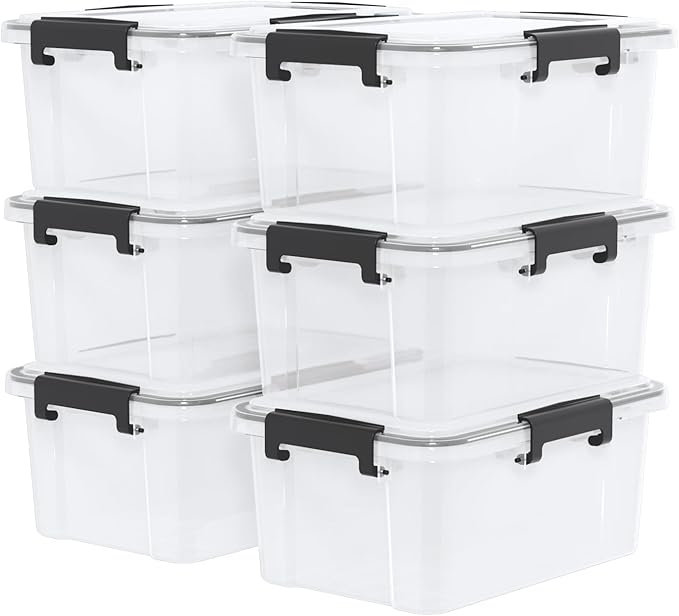 12 Quart Clear Plastic Storage Box with Gasket Seal Lid Set of 6 Stackable Plastic Storage Bins with Secure Latching Buckles