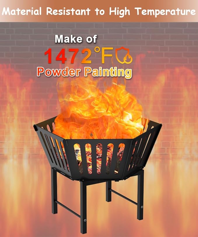 22.5 Inch Portable Hexagon Fire Pit with Travel Bag — Heightened Smokeless Design Outdoor Wood Burning Fire Pit for Camping Backyard Patio Bonfire Picnic and BBQ Vertical Hollow Style
