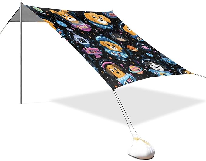 ALAZA Dog Spaceship Astronaut Beach Tent Sun Shelter UPF50+ Protection Beach Shade Canopy w/ 4 Sandbags for Outdoor Camping Fishing Backyard Fun Picnic 10x9 ft