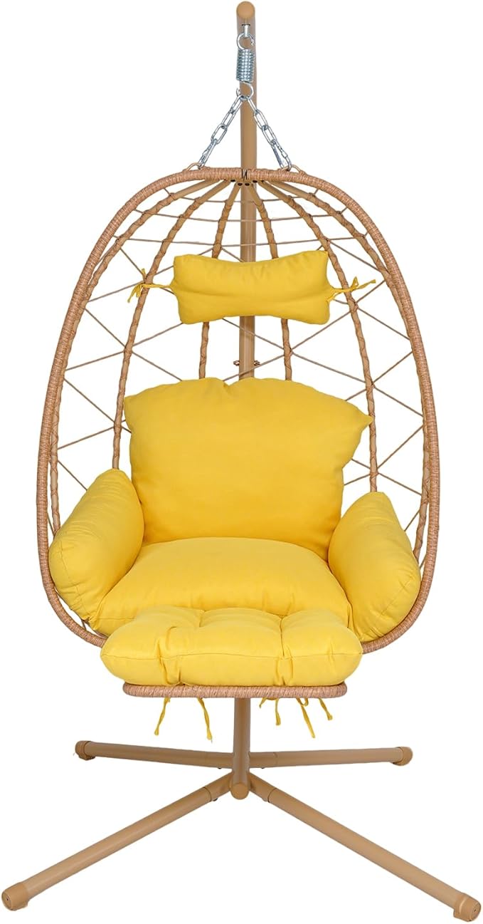 Hanging Egg Chair with Stand Outdoor Indoor Patio Rattan Swing Hammock Chairs with Washable Cushion PE Wicker Swing Chair for Backyard Bedroom Garden (Yellow + Yellow Cushion with Footrest)