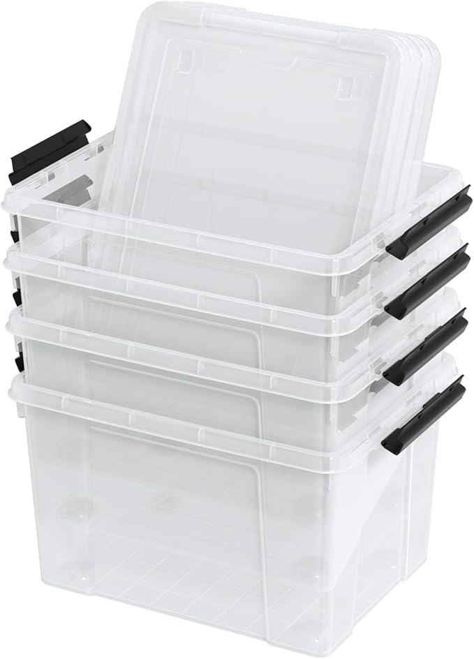Set of 4 34 L Stackable Plastic Storage Bins with Latching Lids and Wheels Clear Home Organization Container Box See-Through