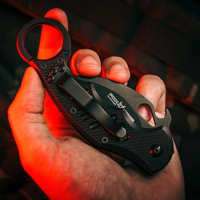 Fox Knives FX-599 G10 Black Emerson Wave Folding Karambit Rapid One-Handed Deployment Teflon Coating Black Idroglider Blade Finish Pocket Clip