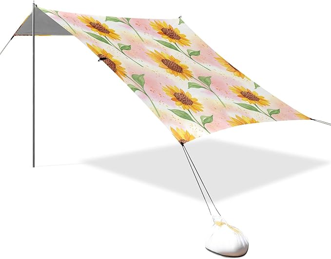 Sunflowers Beach Canopy Sun Shelter with Sandbags &amp Sand Shovel &amp Windproof Ropes - Portable 110x126 Beach Shade Beach Tent for Camping Picnics
