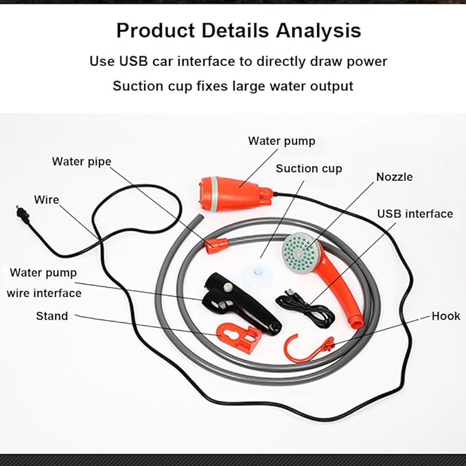 Camping Showers PortableCar Shower HeadPortable USB Charging2.5-3.5L/Min Water Volume2m Hose5m Wirefor Camping Hiking Travelingwith Nozzle and BucketBlue