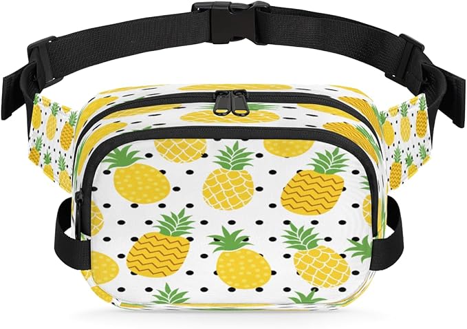 Watercolor Pineapple Polka Dots Waterproof Fanny Pack for Women Men Adjustable Waist Bag with Double Zipper Pockets Lightweight Square Hip Pack for Running Travel Hiking Workout Cycling