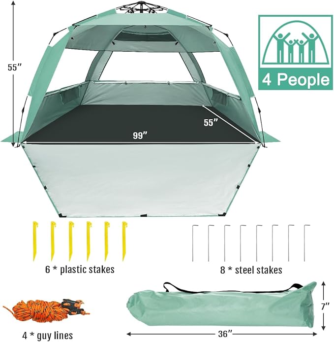 WhiteFang Deluxe Pop Up Beach Tent Sun Shade Shelter for 3-4/5-6 Person UV Protection Extendable Floor with 3 Ventilating Windows Plus Carrying Bag Stakes and Guy Lines