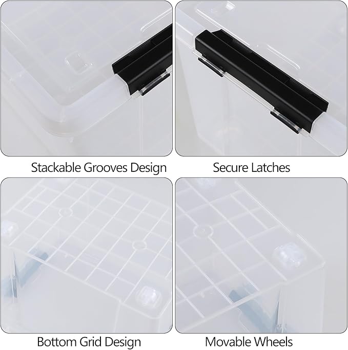 34 Quart Plastic Latching Storage Box with Wheels 4-Pack Clear Storage Bins with Lids