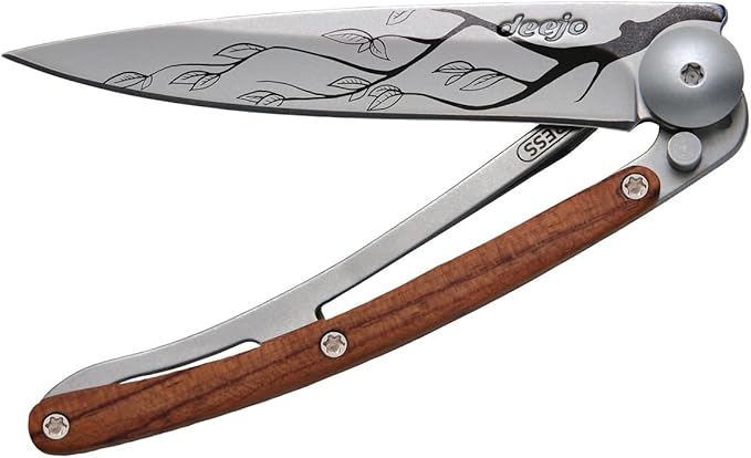deejo - 27G Folding Pocket Knife with Belt Clip - Tree Design 2.95-Inch Stainless Steel Blade Coral Wood Handle - Lightweight Everyday Carry for Home Work and Outdoor Use