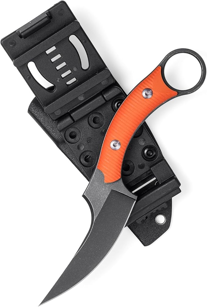 Fixed Blade Knife D2 Steel Blade and G10 Handle Utility Claw EDC Knife for Outdoor Survival Hiking Camping with Kydex Sheath OK1220 (Orange)