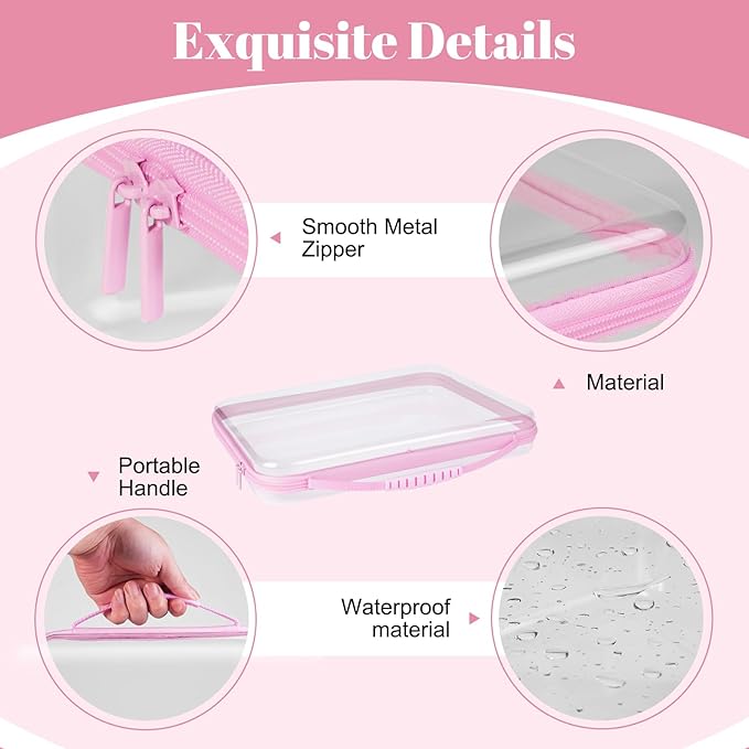 3 Pack Pink Extra Large Zippered Hard Shell PouchClear Plastic CaseHard Sided Case for Storage BagsPortable Waterproof Diaper Bag Cosmetic Bag(3 Pcs-XL+L+S)