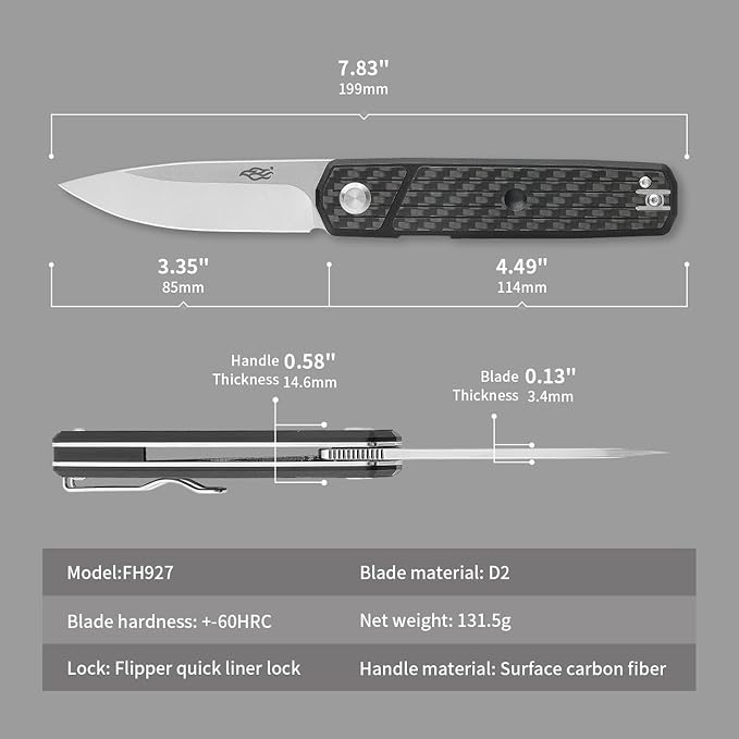Firebird GANZO FH927 Sturdy Pocket Folding Knife D2 Steel Blade G10 Anti-Slip Handle with Clip Camping Hunting Fishing Outdoor EDC Utility Pocket Knife (Carbon Fiber)