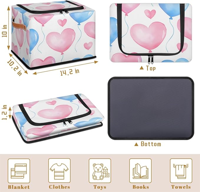 Valentine¡¯s Day Storage Bins with Zipper Lid Love Heart Balloons Fabric Lidded Storage Baskets Cubes with Handles Decorative Foldable Shelf Closet Organizer Container