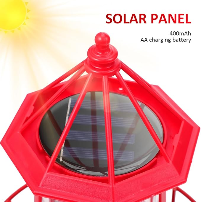 DOITOOL LED Solar Powered Rotating Lighthouse Outdoor Courtyard Solar Hanging Lamp Lawn Lantern for Patio Fence Garden Yard Decorations (Red)