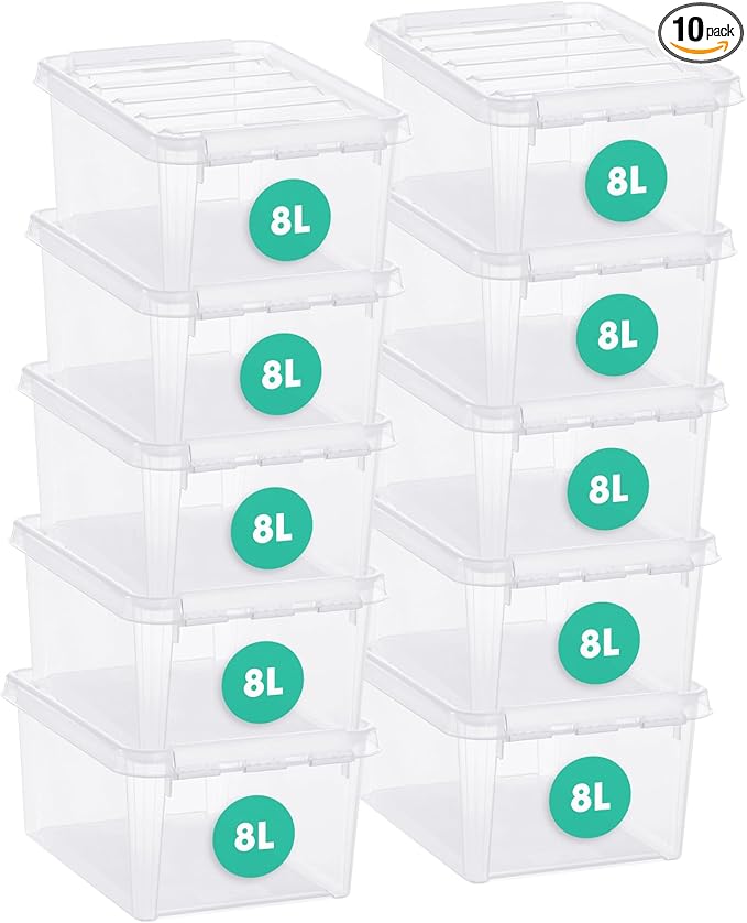 SmartStore Classic 10 Clear Plastic Storage Boxes 8L/8.5QT BPA-Free Stackable and Nestable Container with Secure Lid Swedish Made Plastic Bins for Organization L13.39 x W9.84 x H6.3-10 Pack