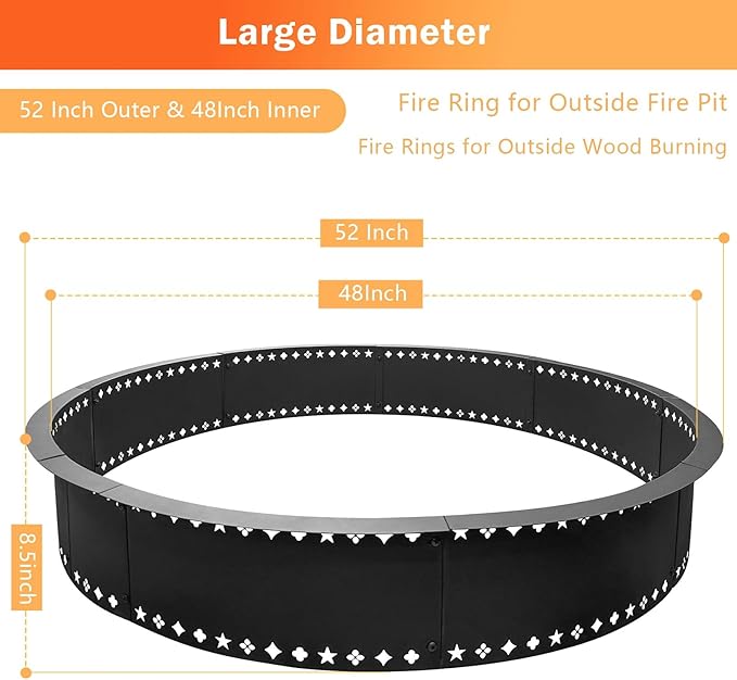 DFLU Smokeless Fire Pit Ring 48 inch Inner 52 inch Outer Large Firepit Ring Insert Metal Steel Round Firepit Ring for Outside Wood Burning DIY Fire Pits Outdoor Fire Place for Camping Patio Backyard