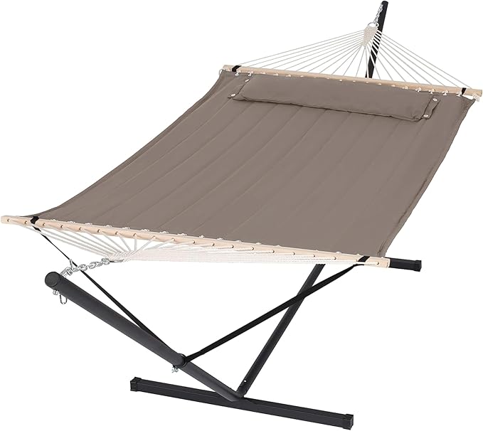 SUNCREAT 55 Inch Extra Large Double Hammock with 12 ft Stand 475lbs Capacity Outdoor Portable Hammock with Hardwood Spreader Bar Extra Large Pillow Brown