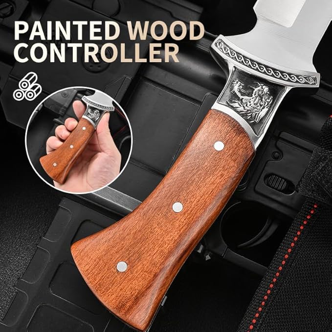 12 Fixed Blade Outdoor Knife with Nylon Sheath 6.3 9Cr18 Stainless Steel Full Tang Hunting Knife Ergonomic Solid Wood Handle with Wolf Head Relief Guard for Camping Survival &amp Fishing