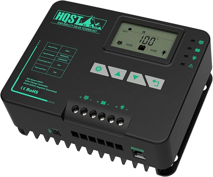 HQST MPPT Solar Charge Controller 20 Amp Negative Grounded Controller with Bluetooth LCD Display 12V/24V DC Input Solar Panel Regulator for Gel Sealed Flooded and Lithium Battery