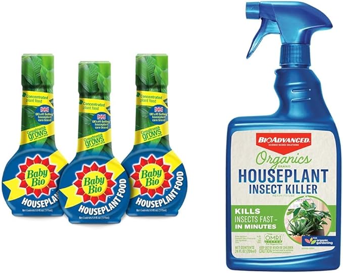 Baby Bio Houseplant Food Concentrate 5.9 Oz (3-Pack) with BioAdvanced Organics Brand Houseplant Insect Killer Ready-to-Use 24 oz