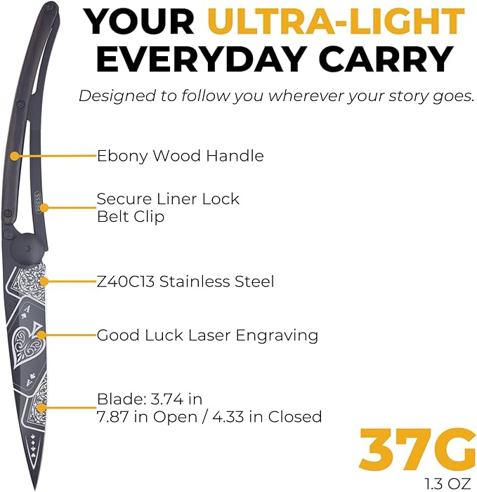 deejo - 37G Folding Pocket Knife with Belt Clip - Good Luck Design 3.7-Inch Stainless Steel Blade Black Titanium Finish Ebony Wood Handle - Lightweight EDC for Home Work and Outdoor Use