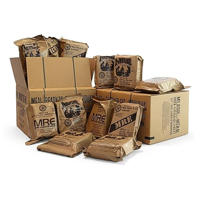 MRE Meals Ready to Eat A and B bundle cases 2027 (2028 if available) inspection. Genuine Military US surplus emergency food bulk supply full box with heater