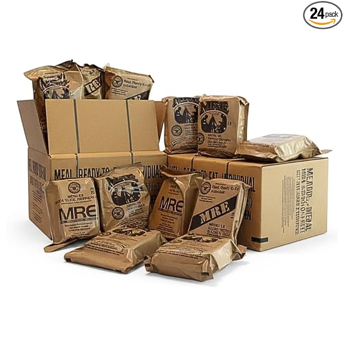 MRE Meals Ready to Eat A and B bundle cases 2027 (2028 if available) inspection. Genuine Military US surplus emergency food bulk supply full box with heater
