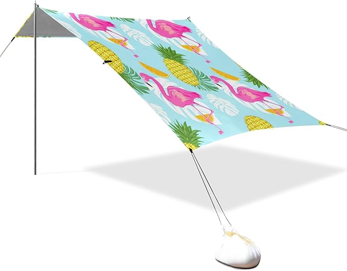 xigua Flamingos Beach Tent Sun Shelter with Carrying Bag - Silver Coated Oxford Fabric Beach Canopy for Beach Camping Fishing - Includes Windproof Ropes Sandbags &amp Stakes