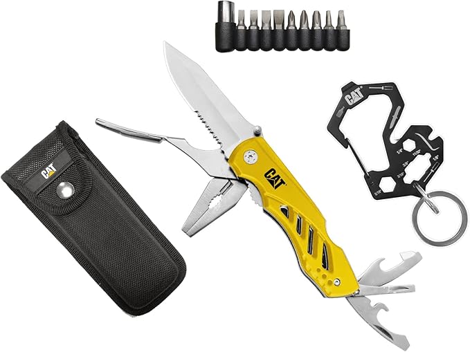Cat 3-Piece Multi-Tool and Bit Gift Box Set 11-in-1 Folding Multi Tool Keychain Multi Tool 9-Piece Bit Set with Holder Glass Break Knife Pliers Wire Cutter Belt Pouch - 240364