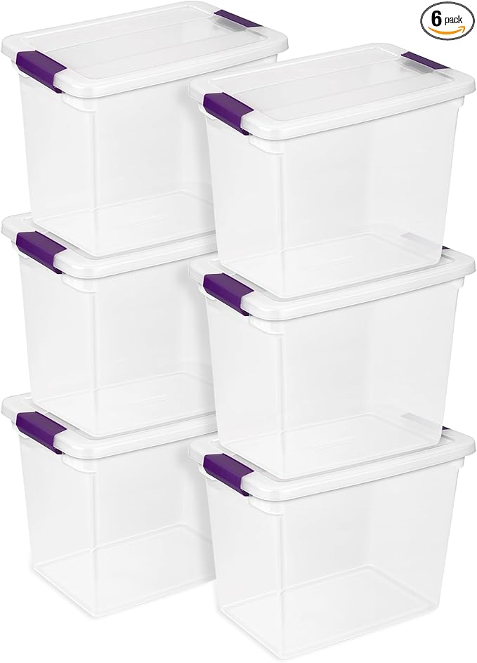 Sterilite 6-Pack 27 Quart ClearView Latch Box Stackable Organizer Bins with Latching Lids - Clear Plastic Organization Containers for Closet Bedroom Shelving Units and Everyday Home Storage