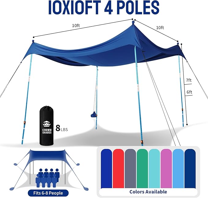 CROWN SHADES 10x10 Beach Tent Sun Shelter Easy Pop Up Beach Canopy Shade Portable Outdoor Carpas UPF50+ Includes 4 Poles Adjustable Aluminium Extra-Large Big Sand Shovel Dark Blue