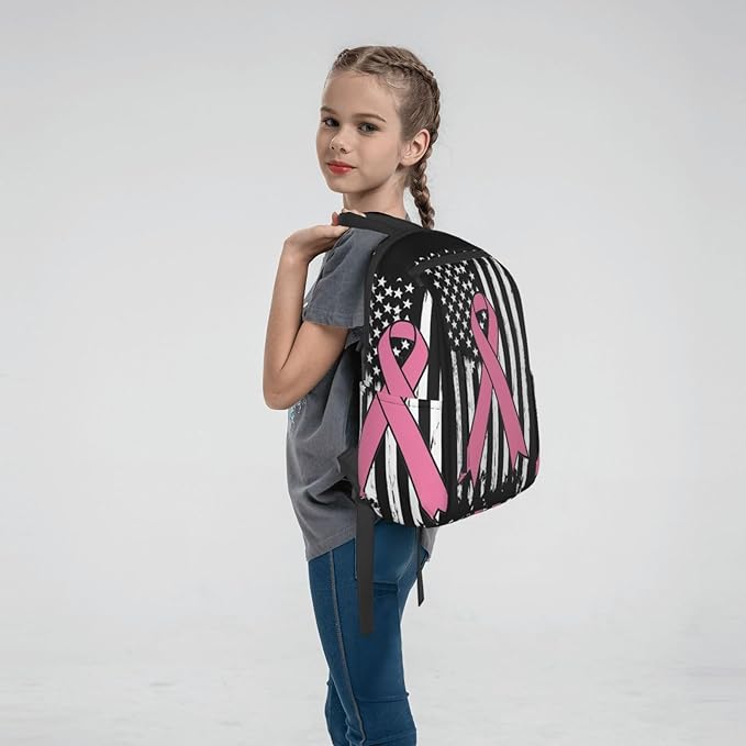 Breast Cancer Awareness Pink Ribbon American flag Travel Laptop Backpack Womens Mens Bag Bookbag