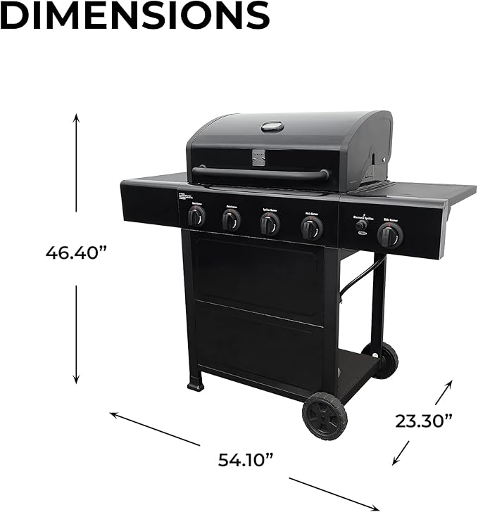 Kenmore 4-Burner Gas Grill with Side Burner Outdoor BBQ Grill Propane Gas Grill Cast Iron Cooking Grates Electronic Ignition Warming Rack Open Cart Design 53000 BTUs Black