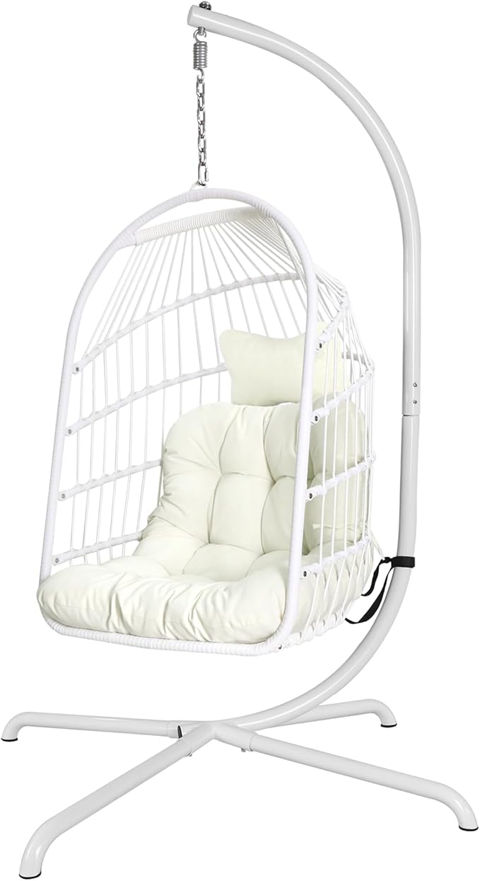 Chihee Egg Chair with Ultra Strong Stand and Cushion Foldable Wicker Rattan Hanging Chair Indoor Outdoor Patio Lounging Chair 330 lbs Capacity Balcony Porch Bedroom Garden