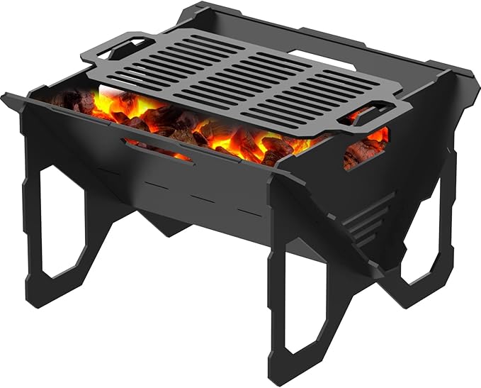 20 inch Fire Pit Outdoor Portable Firepit with BBQ Tray Detachable Camping Steel Fire Pits for Backyard Patio Picnic Bonfire Garden (Black-Large)