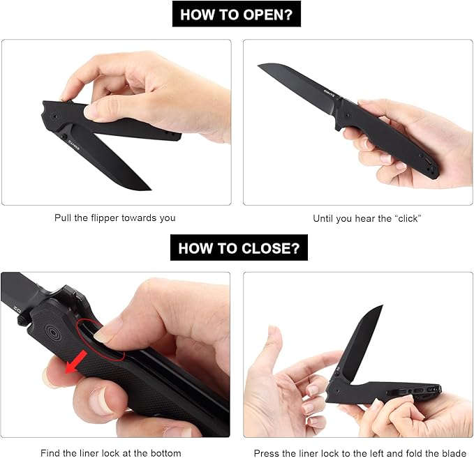 D2 Steel Folding Pocket Knife with Reversible Clip: 3.14 Black Sheepsfoot Blade Liner Lock G10 Handle Small EDC Flipper Knives Camping Tool for Man &amp Women