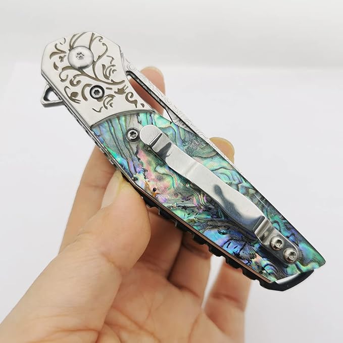 Pocket Knife Damascus Steel Blade Abalone Shell Handle Ball Bearing Pivot Sheath &amp Pocket Clip for Everyday and Outdoor Camping EDC tool Excellent Gift