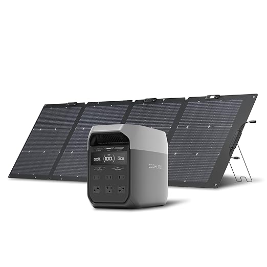 EF ECOFLOW Solar Generator Delta 3 with 220W Bifacial Solar Panel 1024Wh Portable Power Station LFP Battery 1800W AC/100W USB-C Output Full Charge in 56 Min for Home Backup Power Camping &amp RVs
