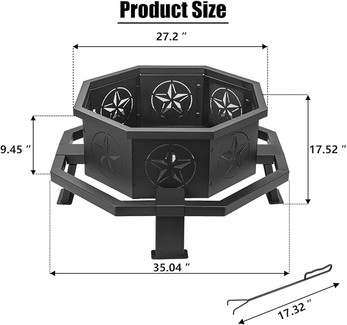 Verdeluxe 35 Inch Octagonal Fire PitOutdoor Fire PitWood Burning Firepit for BonfireFirepits for OutsideCamping Backyard PatioBonfireGarden