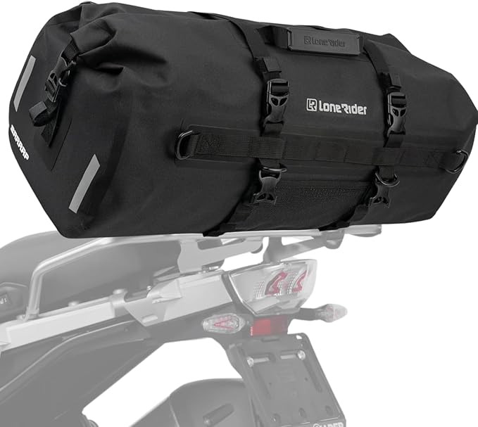 Lone Rider Waterproof Motorcycle Tail Bag 50L - Dustproof Roll Top Dry Bag ADV Motorbike Touring Luggage - 600D TPU Welded Seams Air Valve MOLLE Quick-Release Straps - Black