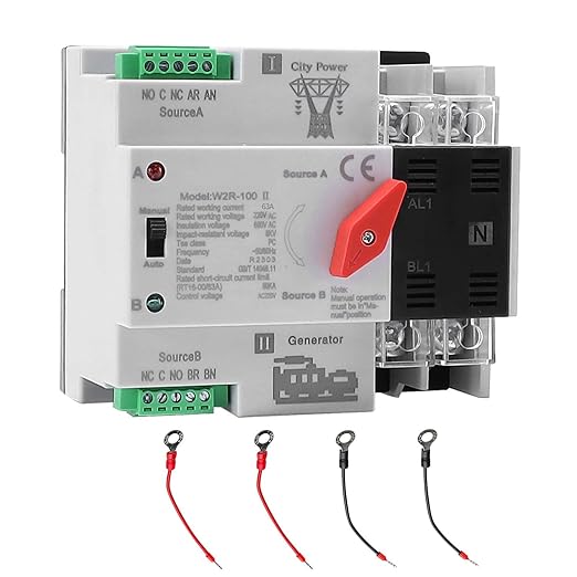 63Amp AC 220V Automatic/Manual Transfer Switch 2P 50/60Hz 2POLE 63A Mini ATS Solar Auto Dual Power Switch for Home Din Rail Mounted Cn Automatic Changeover Fast Transfe for Rv Lv Power