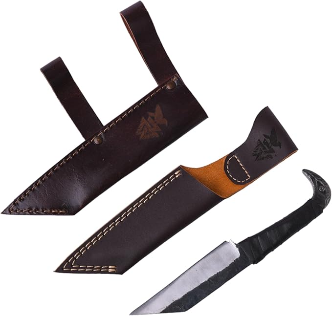 Odin's Raven Viking-styled Seax Knife 8.6 - Hand-Forged 4.4 Carbon Steel Blade Raven's Head Hilt and 2 Genuine Leather Sheaths - Unique Medieval Seax Style - Norse Knife for Hunting &amp Camping