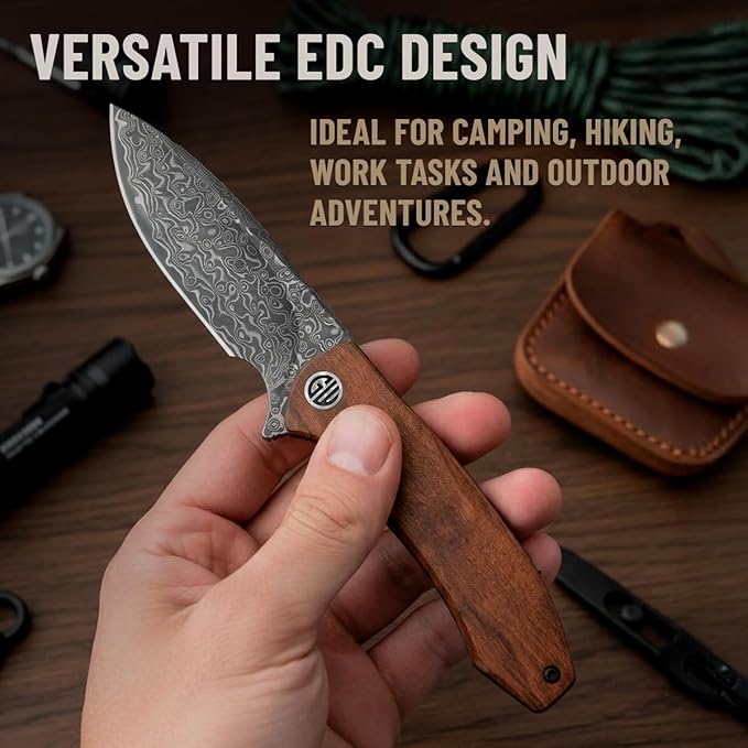 GOOD WORKER Folding Pocket Knife – Damascus Blade Guibourtia Wood Handle – Elegant Gift-Ready EDC Knife with Deep Carry Clip Legal in All States - Gifts for Men - 6700 D