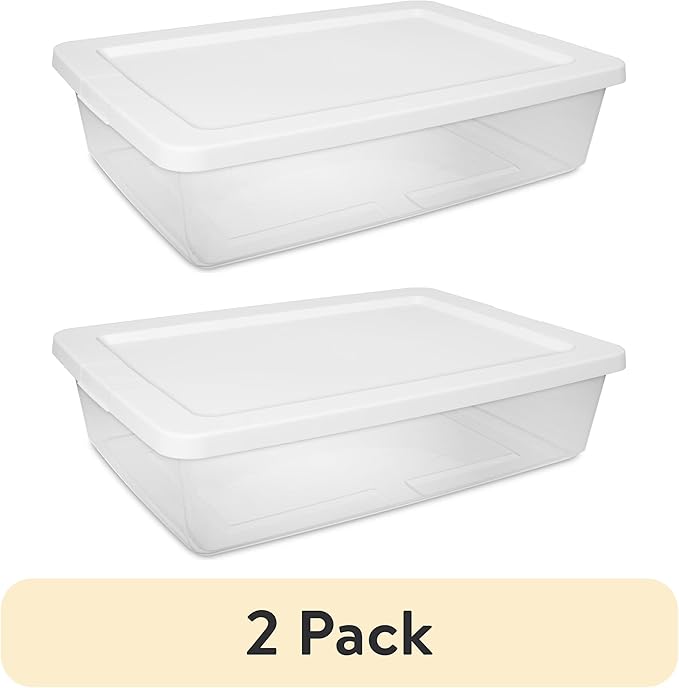 (2 pack) Small Storage Bin 28 Quart Clear Plastic Storage Container with Snap-On Lid White