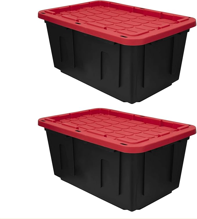 27 Gal Industrial TotePack of 2 red Plastic storage bins with lids for Garage Basement or OutdoorHeavy Duty storage TotesBlack with Red LidStackable &amp Nestable